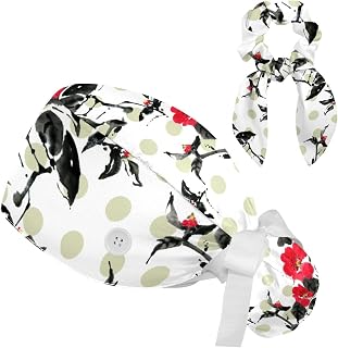 FVQL 2 Pieces Surgical Cap for Long Hair Scrub Cap with Hairband Nurse Cap, Floral Flower and dot