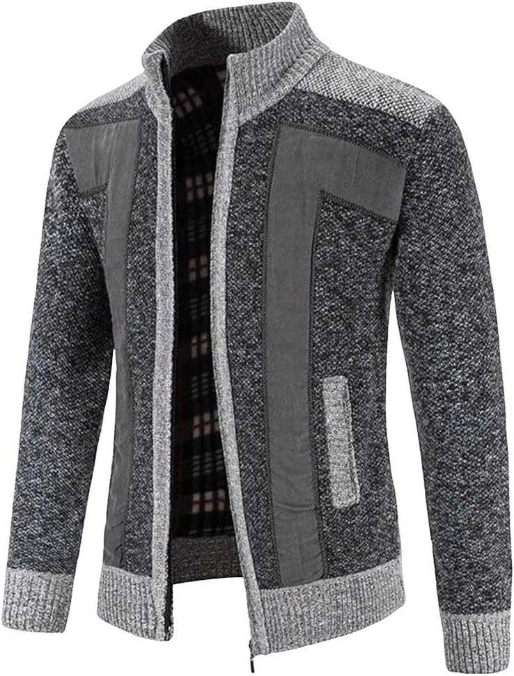 Men's Thick Warm Patchwork Cardigan Fleece Knitted Stand Collar Sweater Casual Knitwear Outerwear for Winter