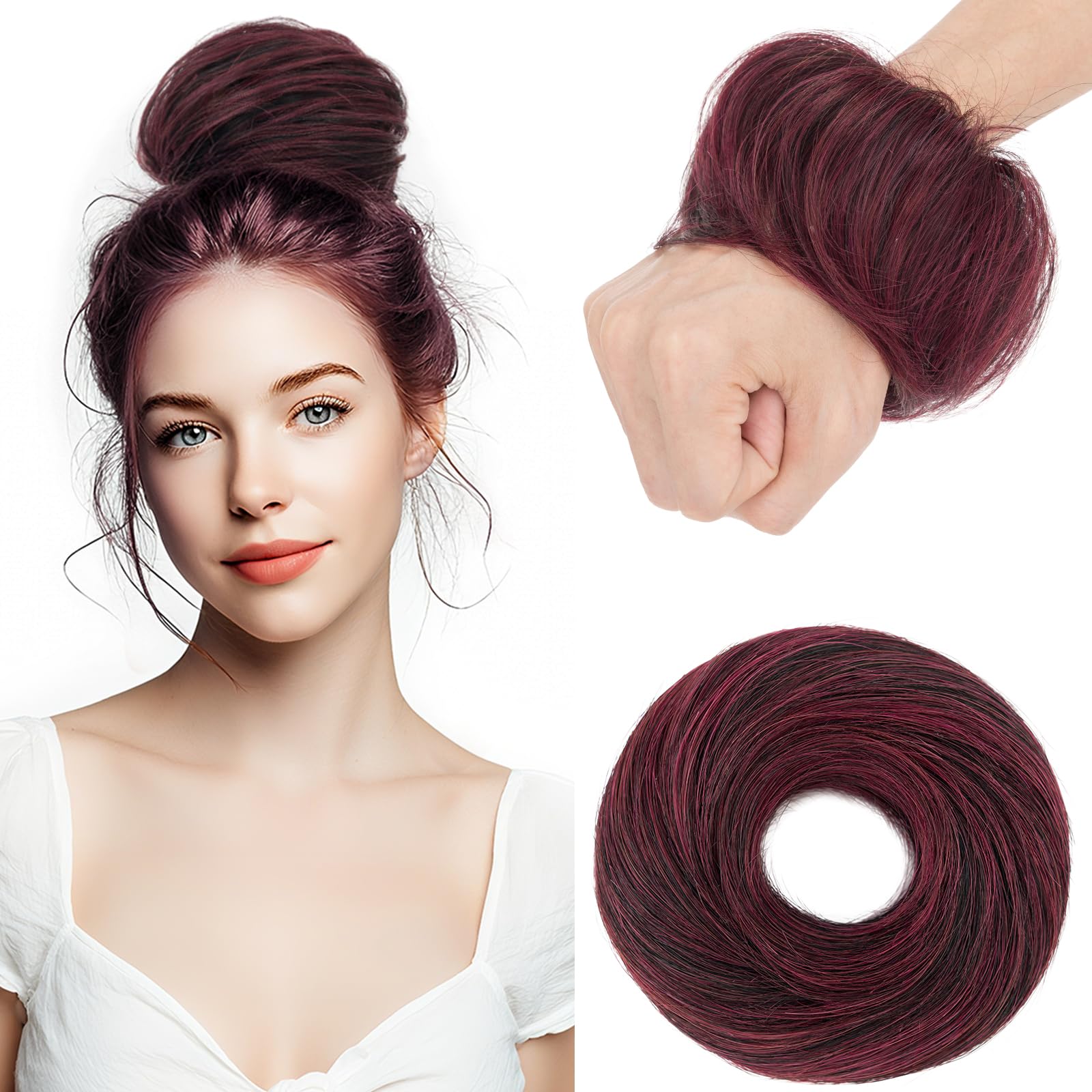 Elailite Hair Buns Real Remy Human Hair Scrunchy Updo HairPiece Extensions Donut Chignons Straight - #01/99J Jet Black Mix Wine Red
