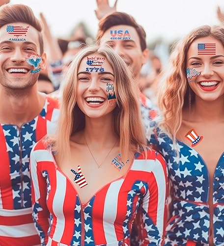 Miniatura 9 de Decoraciones del 4 de julio, tatuajes temporales, 80 piezas de suministros de fiesta de Estados Unidos, rojo, blanco y azul, 4 de julio, bandera de