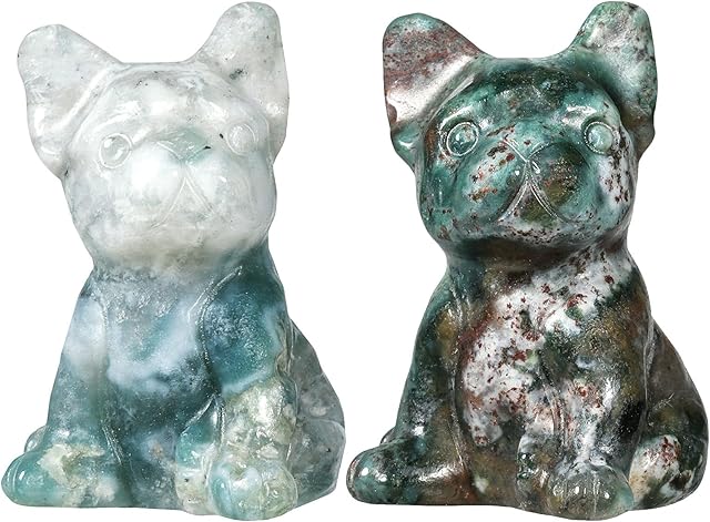 Nupuyai 2pcs Moss Agate Mini Crystal Stone Statue Hand Carved Animal Dog Puppy Set, Energy Healing Stone Figurine Ornament Home Office Decor