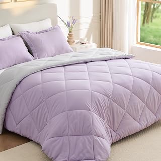 JOLLYVOGUE King Size Comforter Set, Ultra Soft Reversible Bedding for All Seasons, 3 Pieces Down Alternative Bed Set Includes 1 Lightweight Comforter and 2 Pillow Shams, Lavender/Light Grey