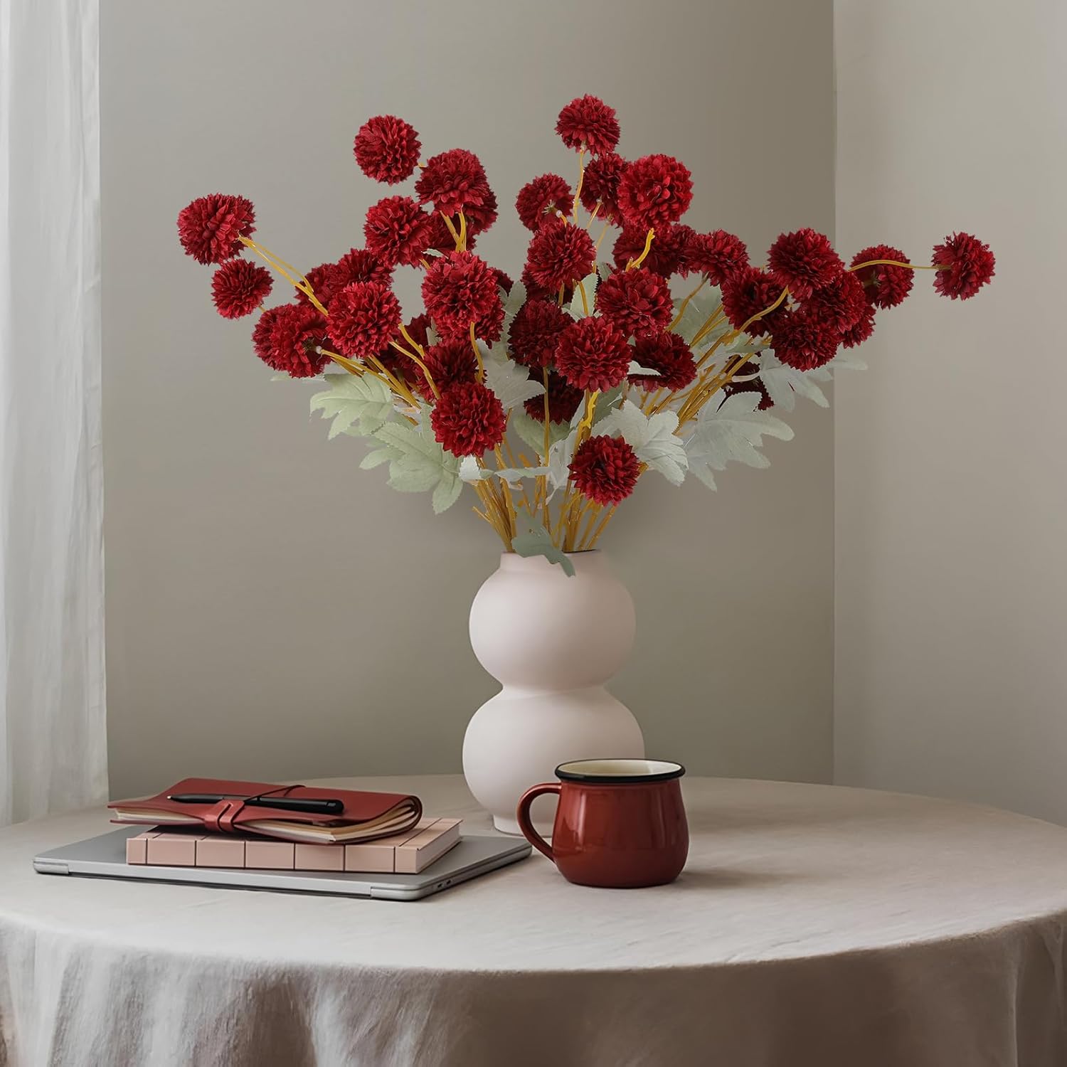 Hananona 12 Pcs Artificial Chrysanthemum Flowers, Red Kiku Pom Pom Mums Flower BurgundyFaux Floral Arrangements Wedding Centerpiece for Fall Autumn Home Kitchen Decor (12, Burgundy) - Image 5