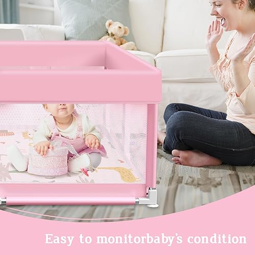 Miniatura 3 de Corralito rosa para bebés con alfombra, corralito de 50 x 50 pulgadas con tapete impermeable para bebés y niños pequeños, corralito para niñas,