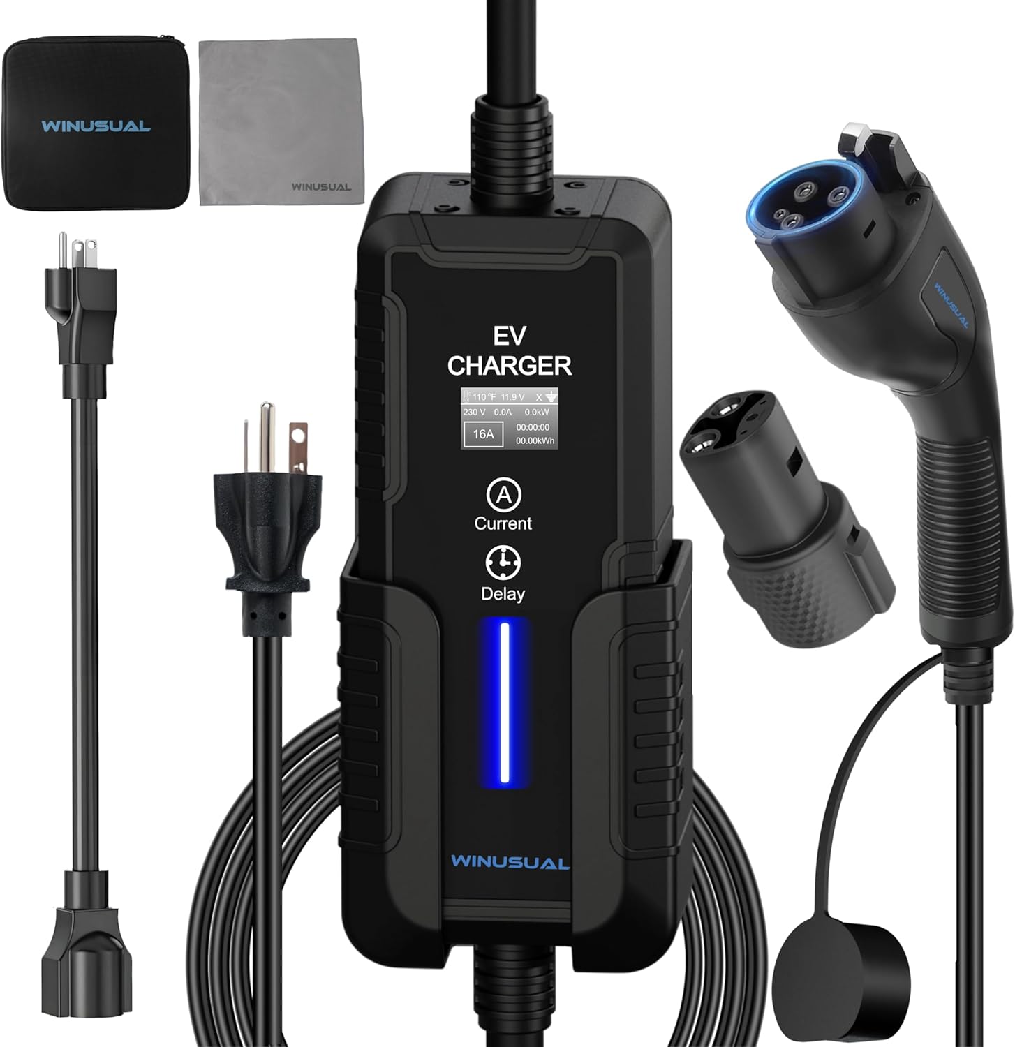 16 Amp Level 2/1 Portable EV Charger with NEMA 6-20/5-15 Adapter(110-240V), SAE J1772 Charger with Adapter for Tesla Electric Car Charger, 20FT Cable, Fix Time Charge,Current Adjustable