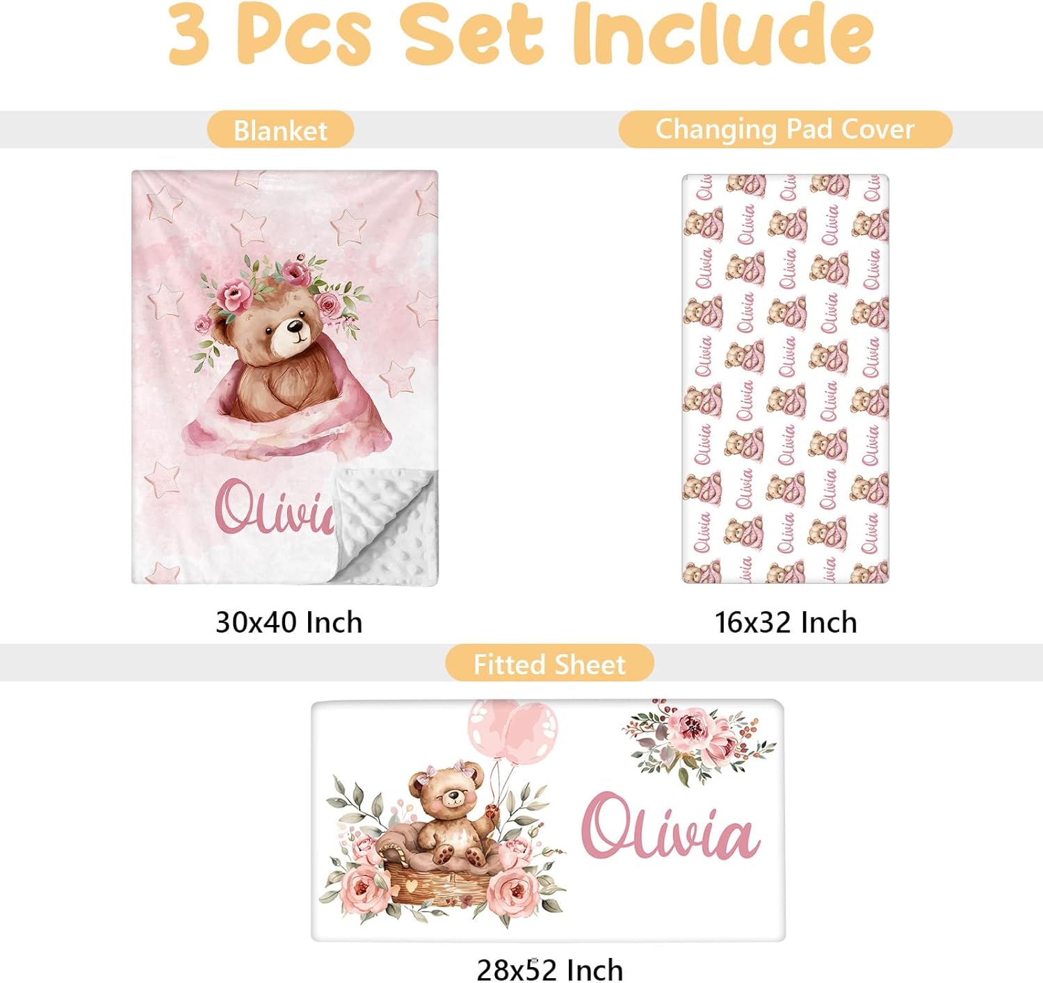 Terwex Custom Baby Crib Bedding Set - 3 Pcs Personalized Name Baby Bedding Sets, Double Layer Toddler Bedding Set, Baby Crib Set for Baby Girls, Pink Bear Nursery Bedding Set, Infants Newborns Gifts