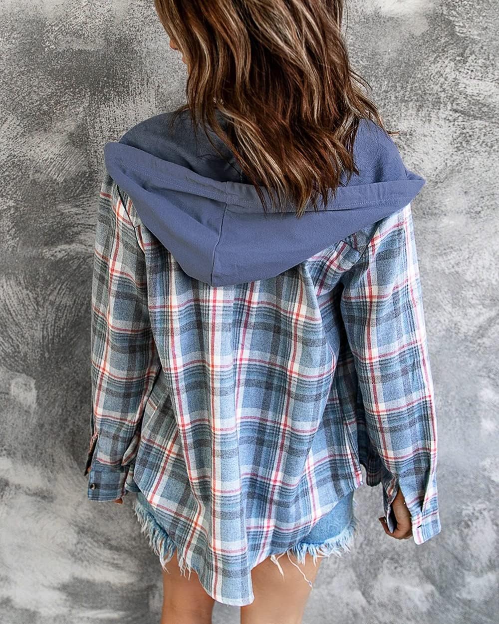 Women Plaid Hooded Shirt Drawstring Flannel Sweatshirt Hoodie Jacket Casual Button Down Blouse Tops with Pocket - Image 3