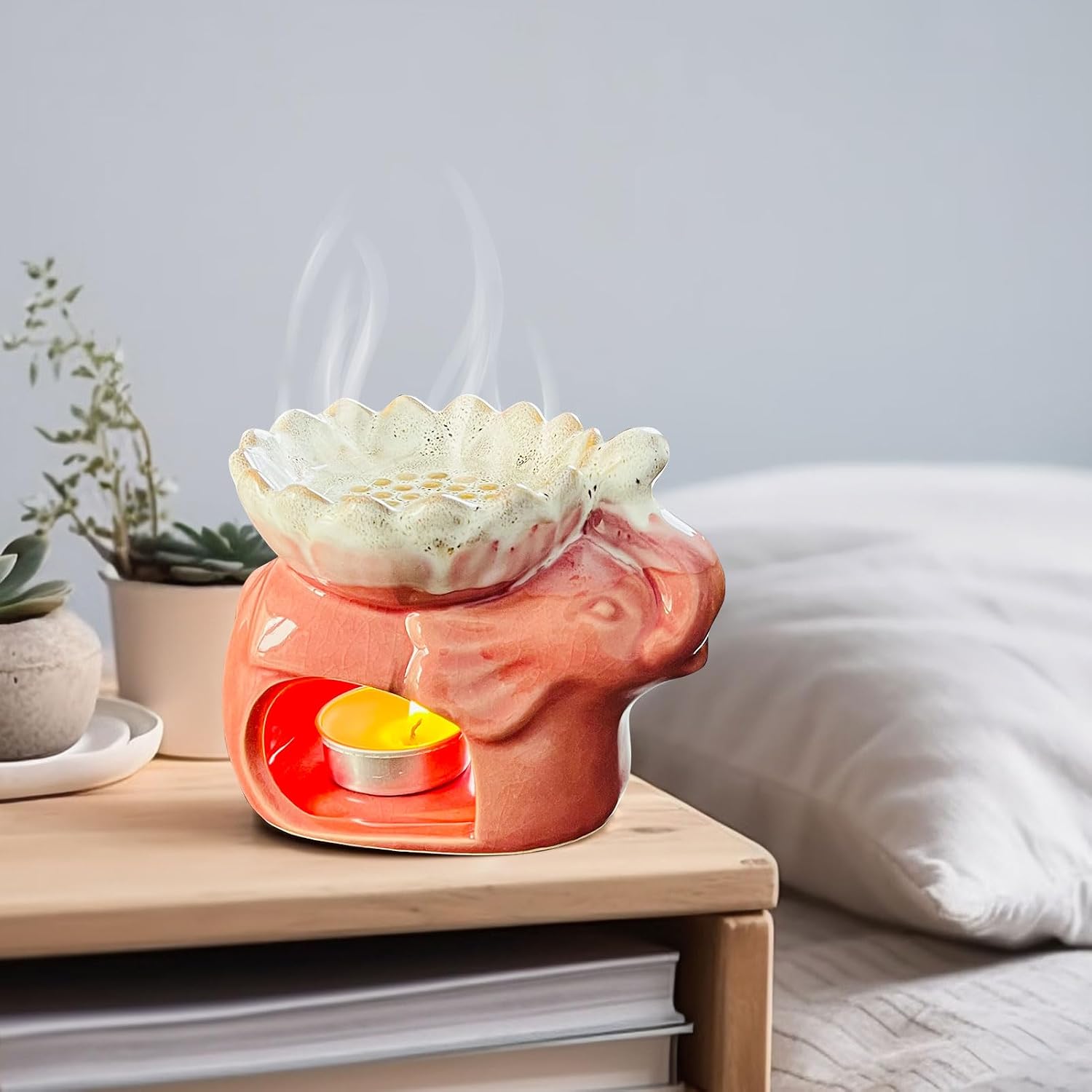 Fragrance Essential Oil Burner Tealight, 2 Colors Tea Light Candle Wax Warmer, Tealight Fragrance Oil Warmer (Ice Cracked Glaz Elephant Shape)