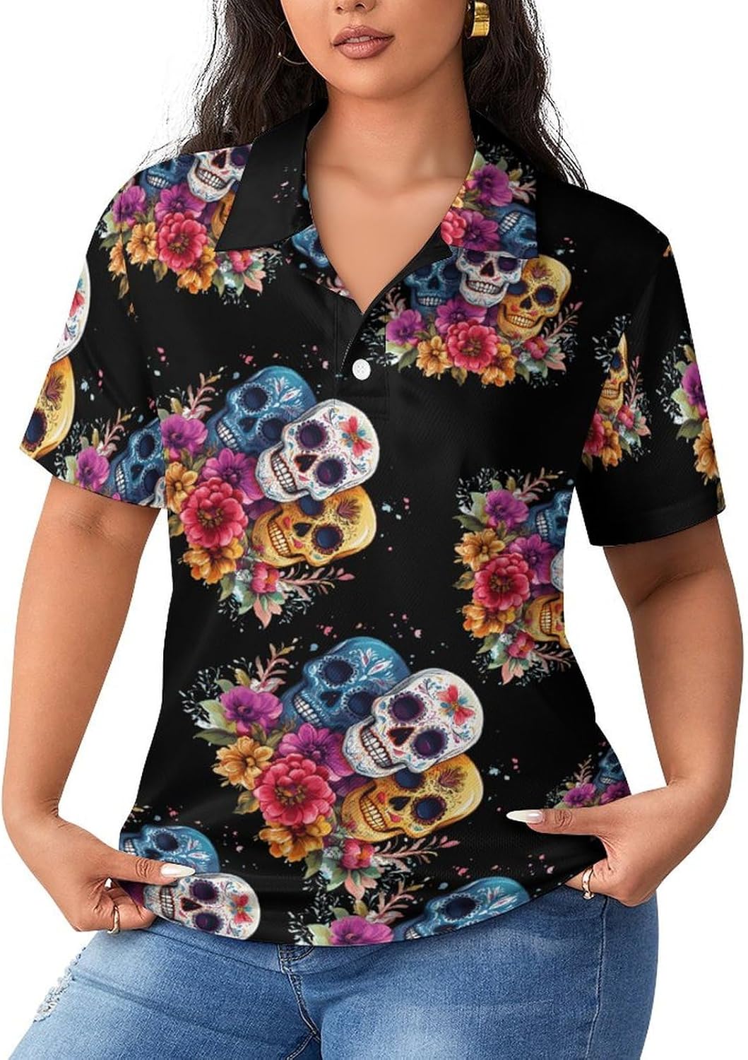 Day of The Dead Skull Flower Womens Golf Polo Shirts Summer Short Sleeve Collared 3 Buttons T Shirt Activewear Tops