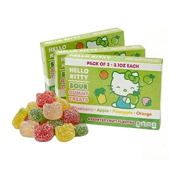Hello Kitty Sour Gummy Candy, Fruit Flavored Chewy Gummies, 3.1 oz Pack of 3 - Fun Valentines Treats