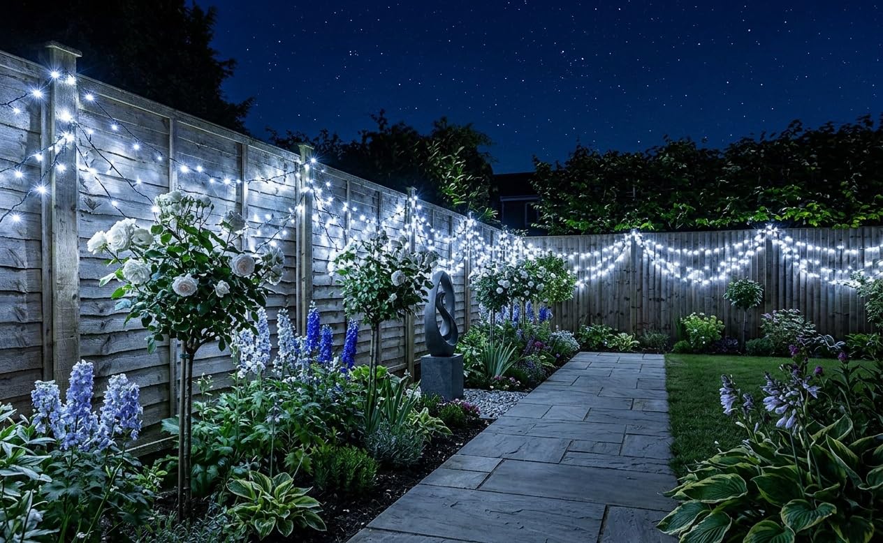 JnDee 200 LED Fairy String Lights Cold White 20M, Green Wire Low Voltage 31V with 8 Modes Timer Memory 10M Extension Lead Indoor Outdoor Christmas