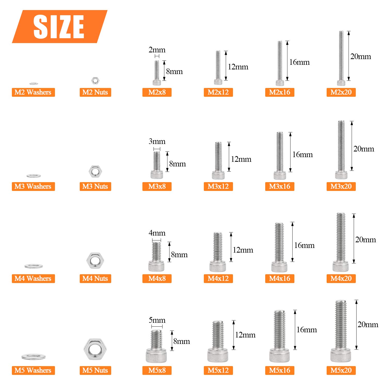 HELIFOUNER 1280 Pieces M2 M3 M4 M5 304 Stainless Steel Hex Socket Cap Metric Screws Bolts Washers Nuts Hardware Assortment Kit with Hex Wrenches