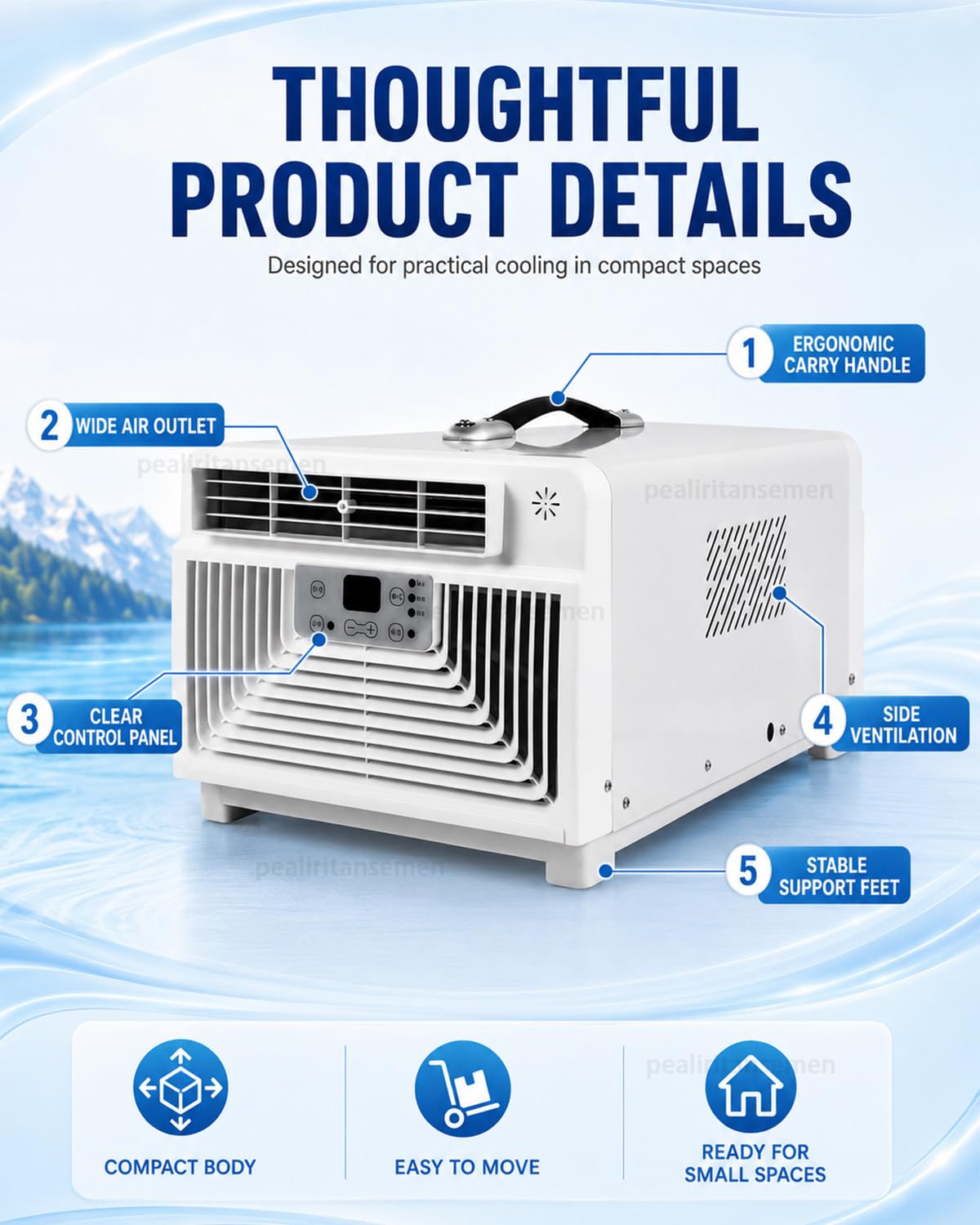 Klimatyzator Mobilny 3400 BTU, Kompaktowe Urządzenie 3 W 1 Z 3 Trybami I Mocą Znamionową Tylko 300 W, Pilot Zdalnego Sterowania I Timer 1–12 Godzin, Do Akademika, Namiotu I Kampera
