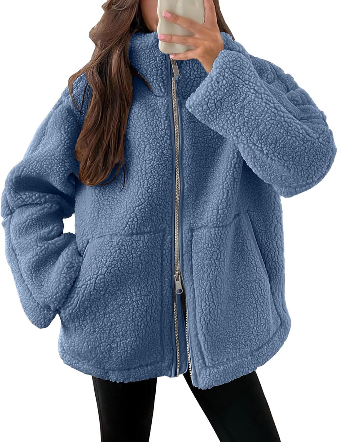 Women's Sherpa Jacket Long Sleeve Winter Warm Fleece Coat with Double Zipper, Ultra-Soft Plush Teddy Coat