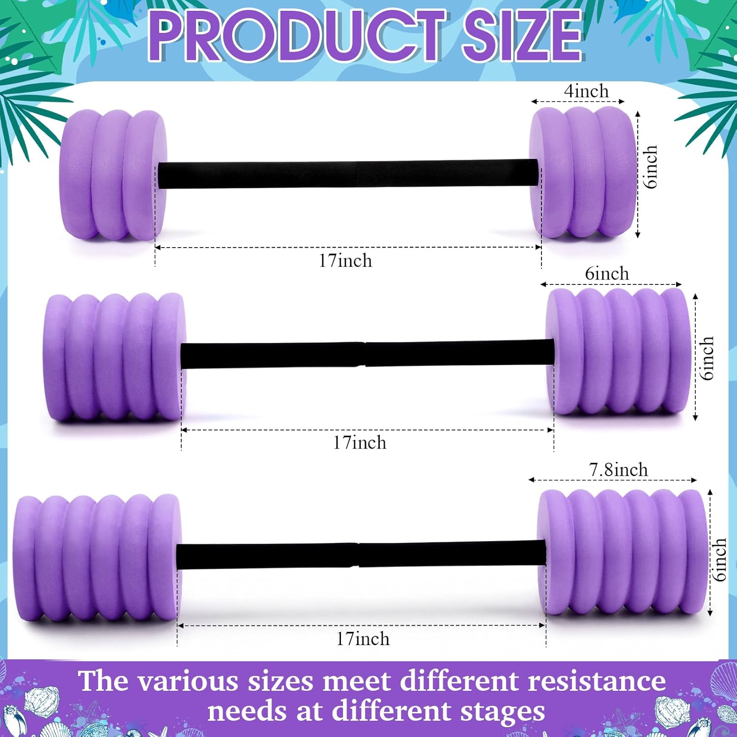 Soulchen 3 Pcs Long Aquatic Exercise Dumbbells Swim Barbells 25'' 29'' 33'' Foam Water Weight Dumbbell Pool Barbells with High Density EVA Foam for Swim Water Aerobics Fitness Loss