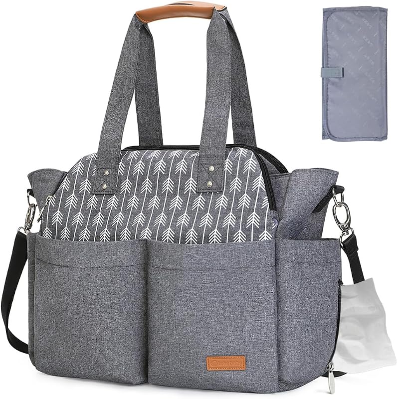 Bolsa para pañales, 17 bolsillos, bolsa grande para pañales de viaje, impermeable con cambiador portátil, bolsa de hospital cruzada para mamá para parto, artículos esenciales para bebés para regalos de recién nacidos, gris