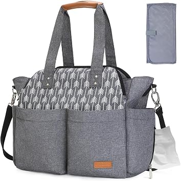 Lekebaby Baby Nappy Changing Bag Satchel Messenger Large Capacity, Arrow Print, Grey