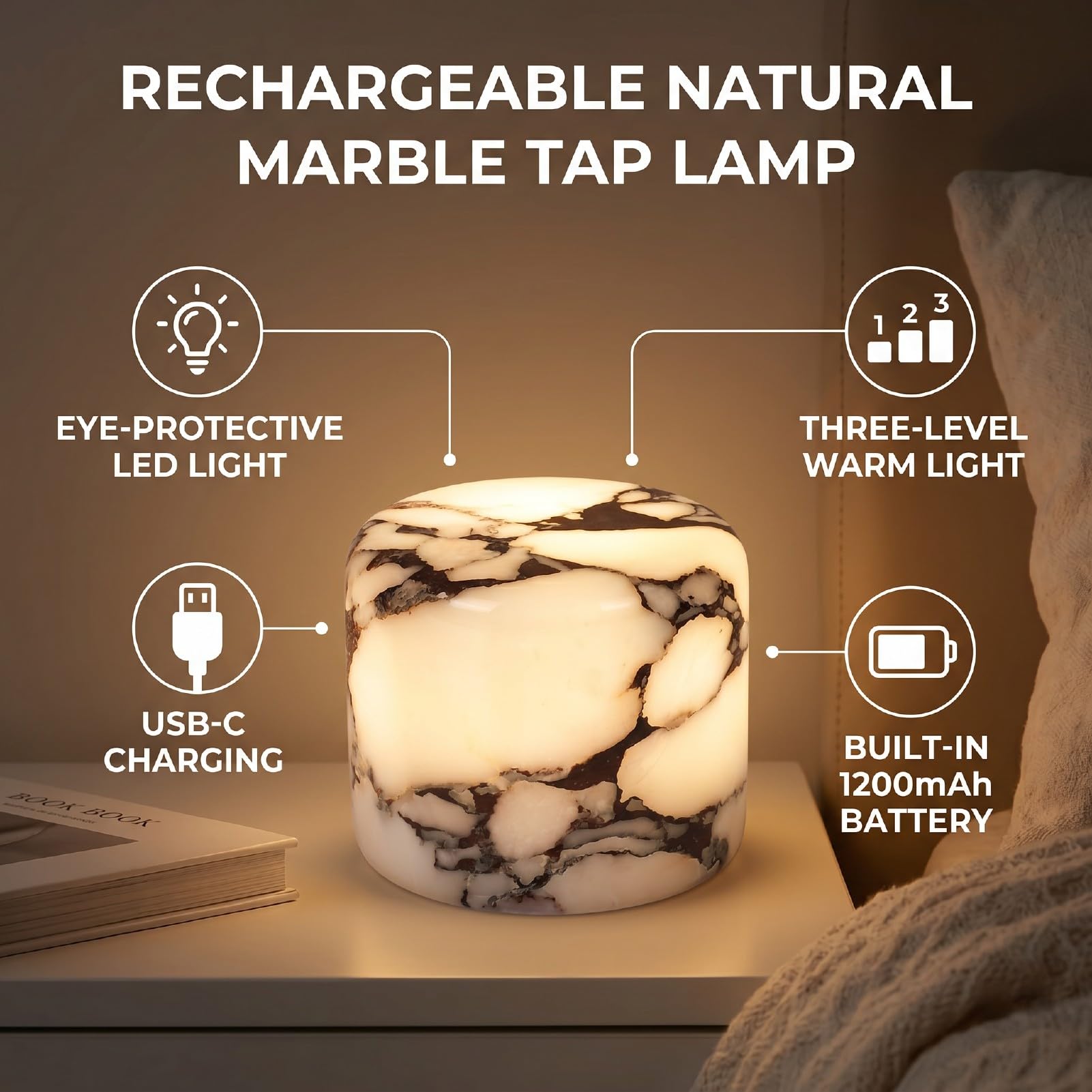Lampada in Marmo con Ricarica di Tipo C, luminosità a 3 Livelli