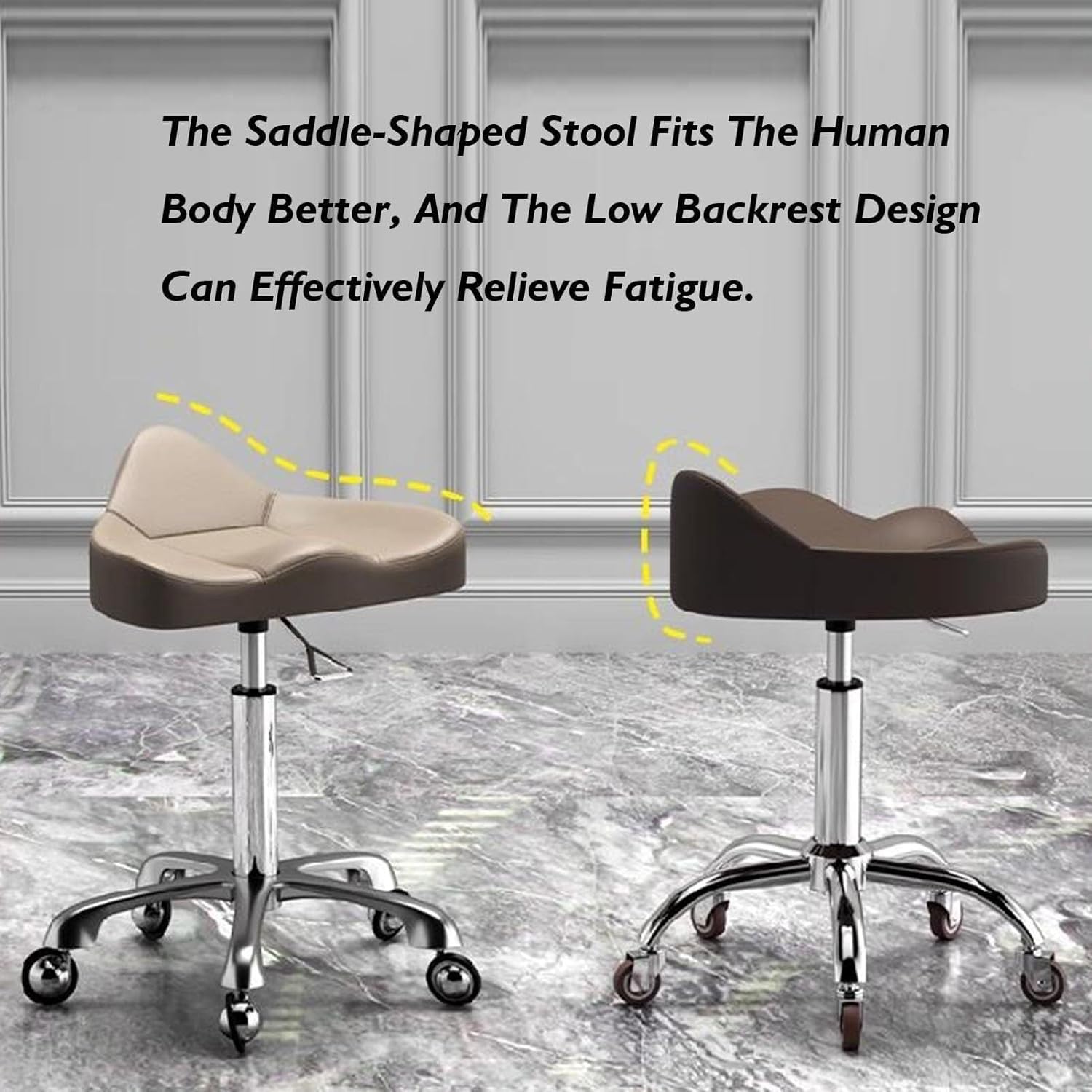 Adjustable Saddle Stool with Backrest, Ergonomic Rolling Chair, 40-58cm Height Range, PU Leather Cushion, 360° Swivel, Heavy Duty for Tattoo Artists, Dentists, & Stylists(Beige)