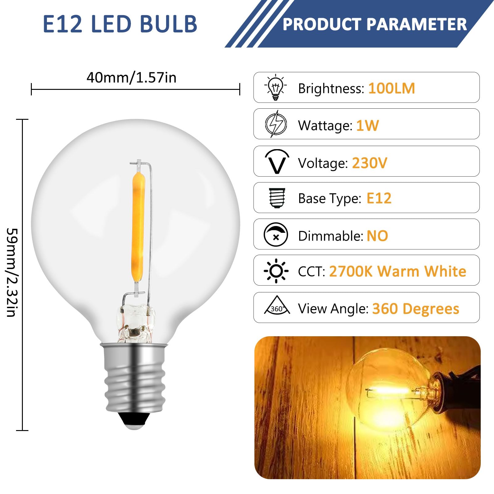 10 Pezzi Lampadina LED G40 E12 1W, AC 220-240V, Equivalente 7W, Bianca Calda 2700K, 100lm, G40 Globe, Impermeabili IP54, Non Dimmerabile, per Stringhe Luminose Illuminazione Interna ed Esterna
