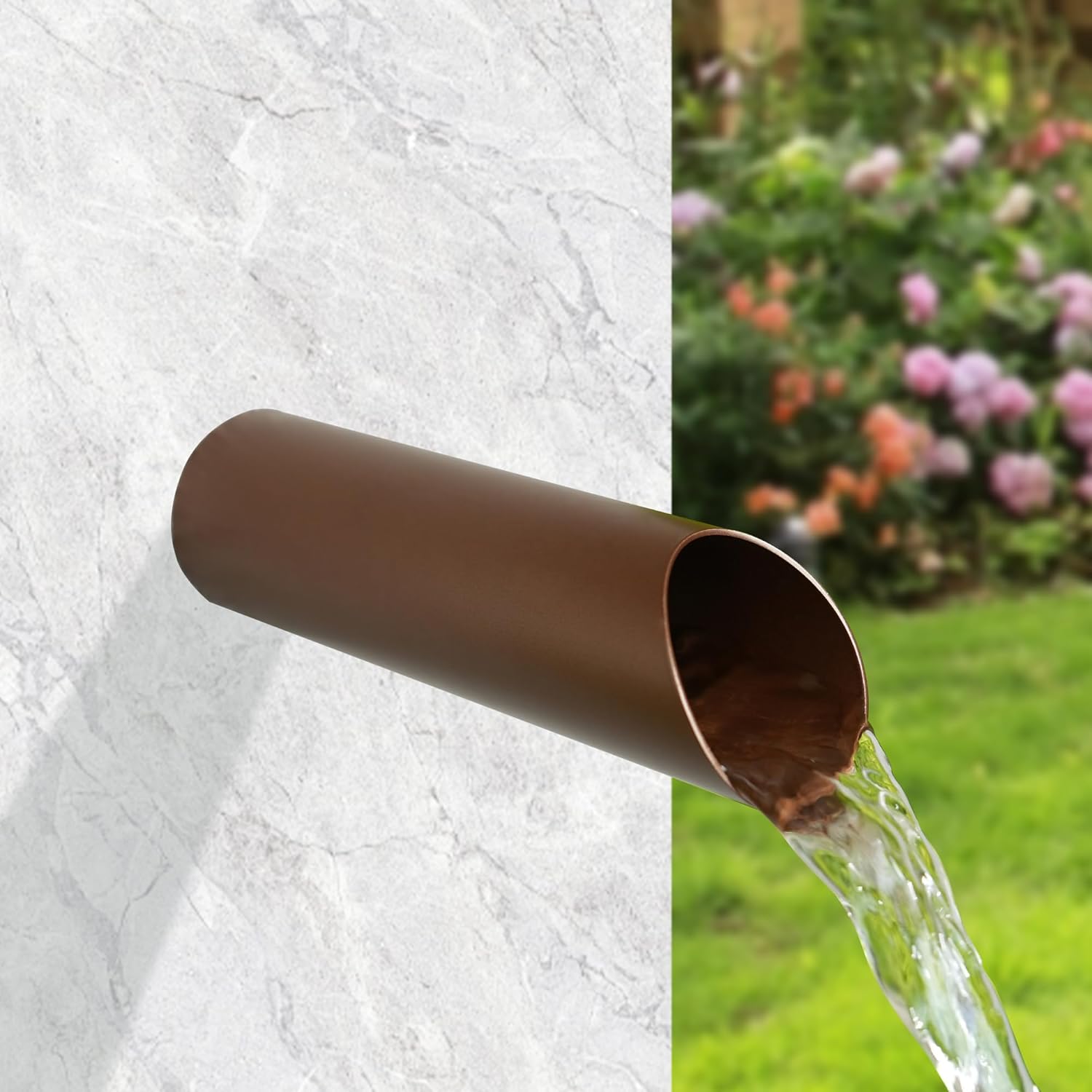 316 Nickel Brushed Stainless Steel 1.2 Inch Round Water Fountain Spout Scupper, Waterfall Outdoor Spillway Overall Length 8 Inch for Landscape Decor, Pools, Ponds, Water Walls (Matt Brown)