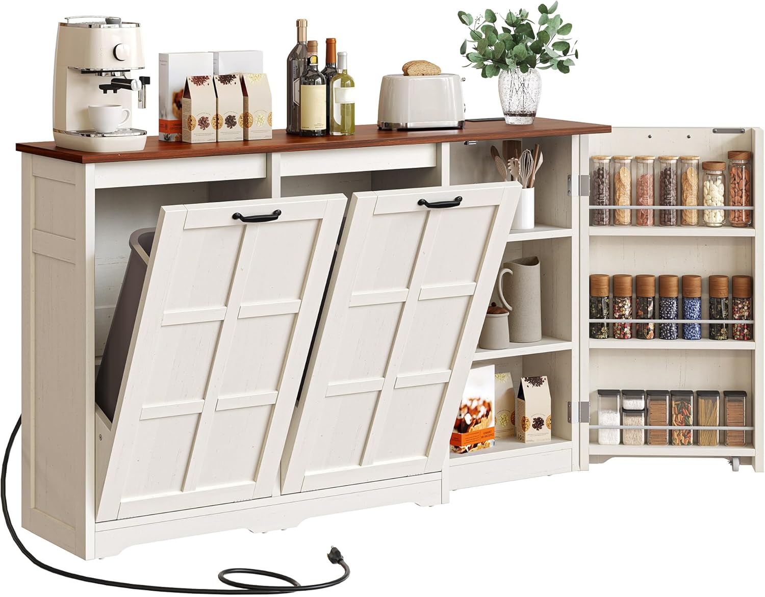 YITAHOME Farmhouse Kitchen Island with Power Outlet, Kitchen Storage Island with 2 Tilt-Out Compartments for 13 Gallon Trash Bins, Adjustable Shelf