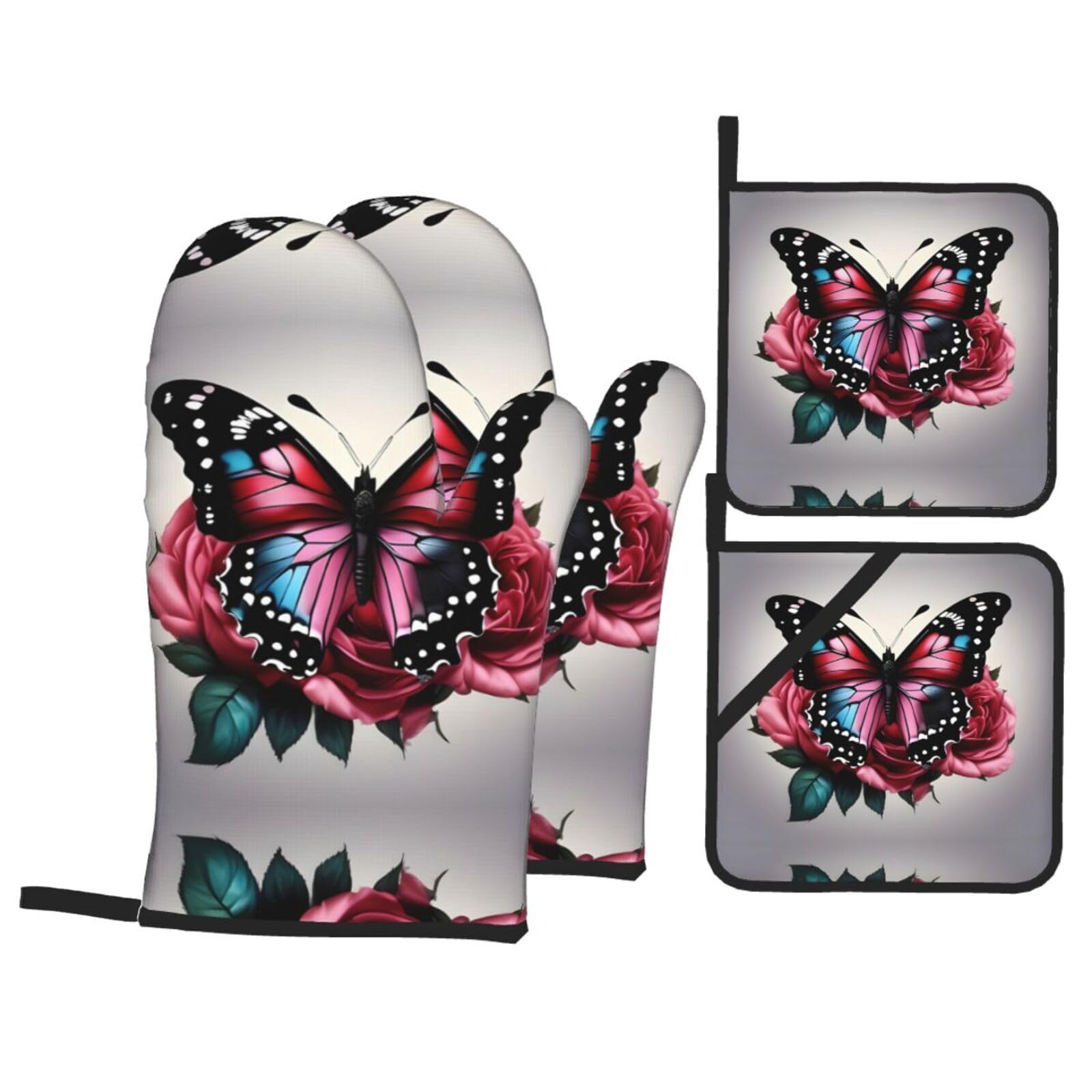 Lot de 4 gants de cuisine roses et papillons pour four et barbecue