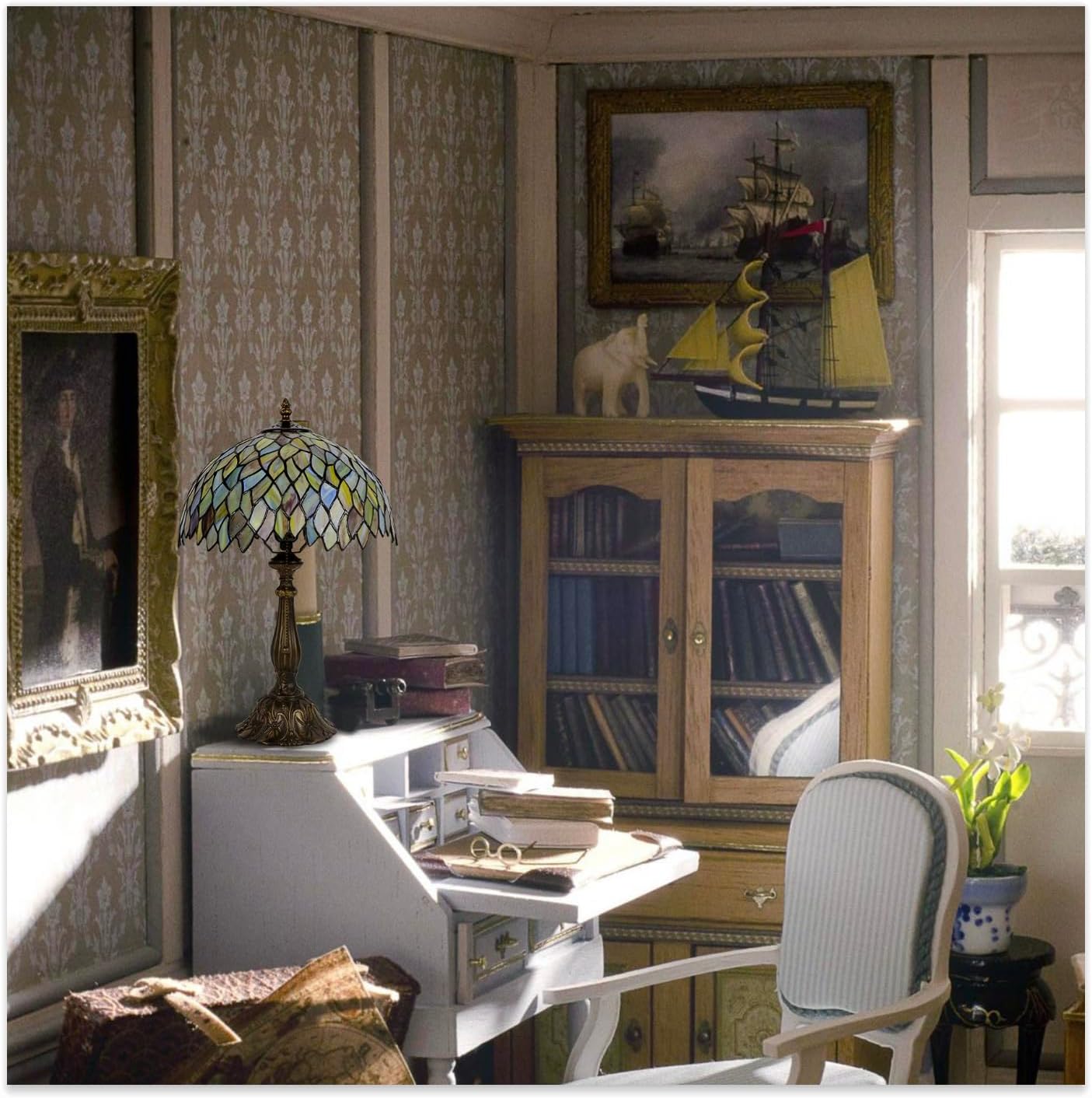 Tiffany Style Table Lamp Vintage Stained Glass Desk Lamp Mable Gradient Green Wisteria Bedside Reading Light Decor Bedroom Living Room Home Office D12 xH18