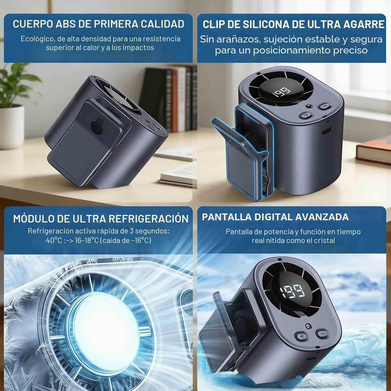 Acondicionador de aire portátil con clip para coche, mini ventiladores de refrigeración personal recargables por USB, 2026 con pantalla LED, rotación de 360°, 199 velocidades ajustables para el hogar