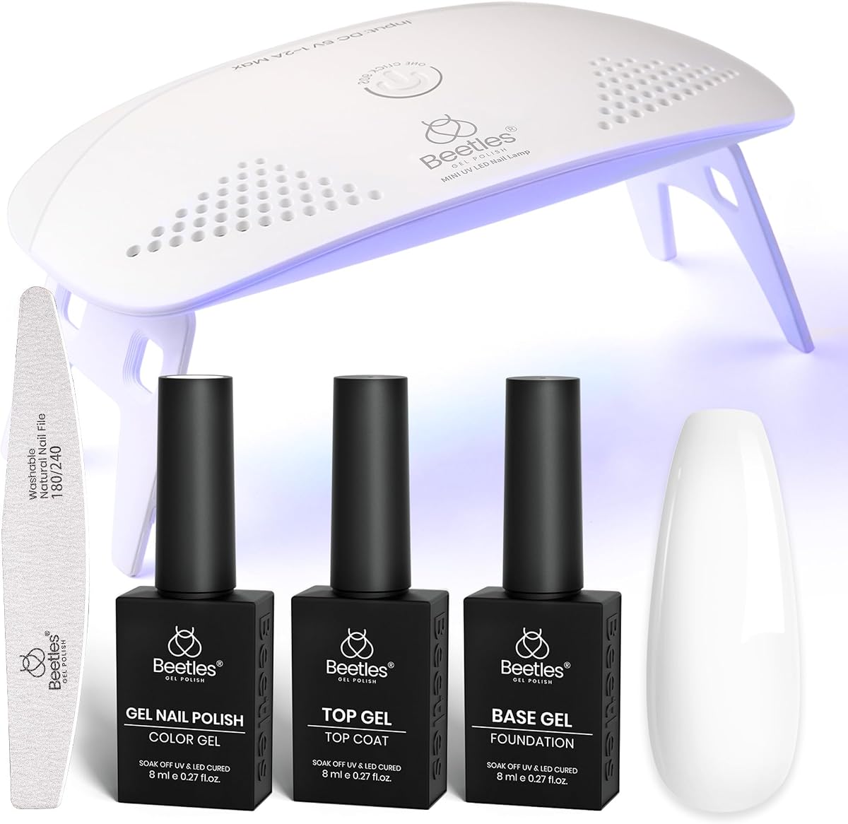 Beetles White Gel Nail Polish Kit with U V Light, 5 Pcs Gel Polish Kit | Starter Kit with Base & Top Coat and Nail File for Beginners Soak Off DIY Art Set Manicure Gifts for Women
