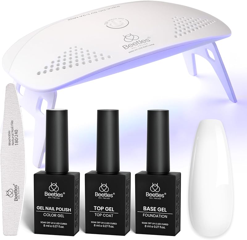 Beetles White Gel Nail Polish Kit with U V Light, 5 Pcs Gel Polish Kit | Starter Kit with Base & Top Coat and Nail File for Beginners Soak Off DIY Art Set Manicure Gifts for Women