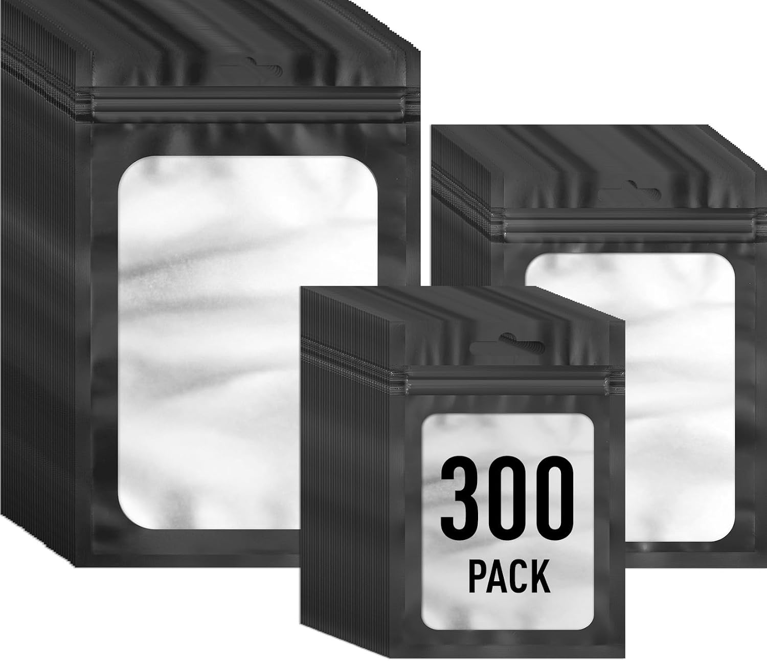 ANZNKU 300 Pcs Mylar Bags 3 Size, Black Resealable Smell Proof Bag Sealable