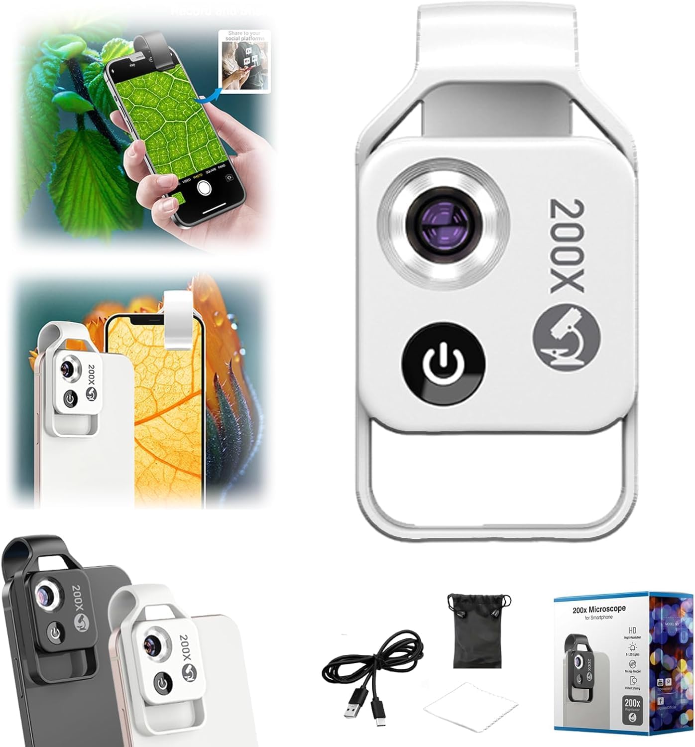 2025 New Portable Pocket Microscope Camera Attachment with Cpl Lens/Led Light and Universal Cell Phone Clip, 200x Nano Zoom Magnifier Lens for Most iPhone/Android Phone (White)