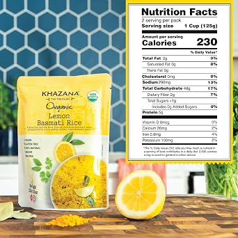 Khazana Lemon Organic Basmati Rice - Ready to Heat (1-Pack, 8.8oz) - Authentic, Aromatic & Flavorful Indian Grain - Non-GMO, Vegan, Gluten-Free, Kosher - Microwaveable Instant Rice in 90 Seconds!