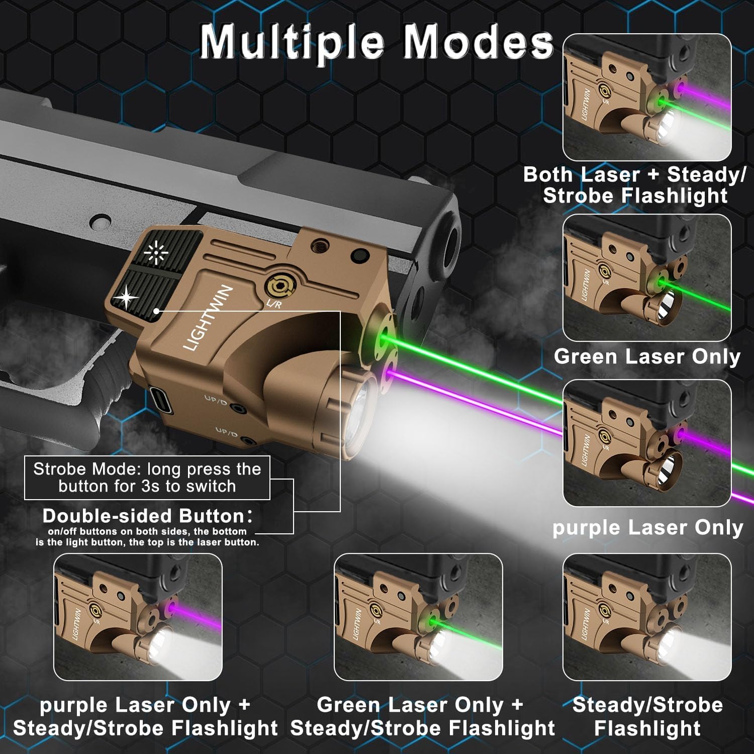 Red Green Blue Purple Laser Beams with 800 Lumens Flashlight for Pistols, 3 in1 Laser Light Combo, Tactical USB Rechargeable Laser Sight, Strobe & Steady Flashlight for Picatinny Rail