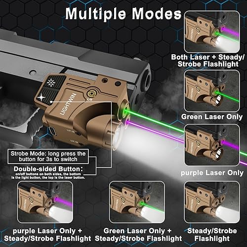 Miniatura 10 de Red Green Blue Purple Laser Beams with 800 Lumens Flashlight for Pistols, 3 in1 Laser Light Combo, Tactical USB Rechargeable Laser Sight, Strobe &