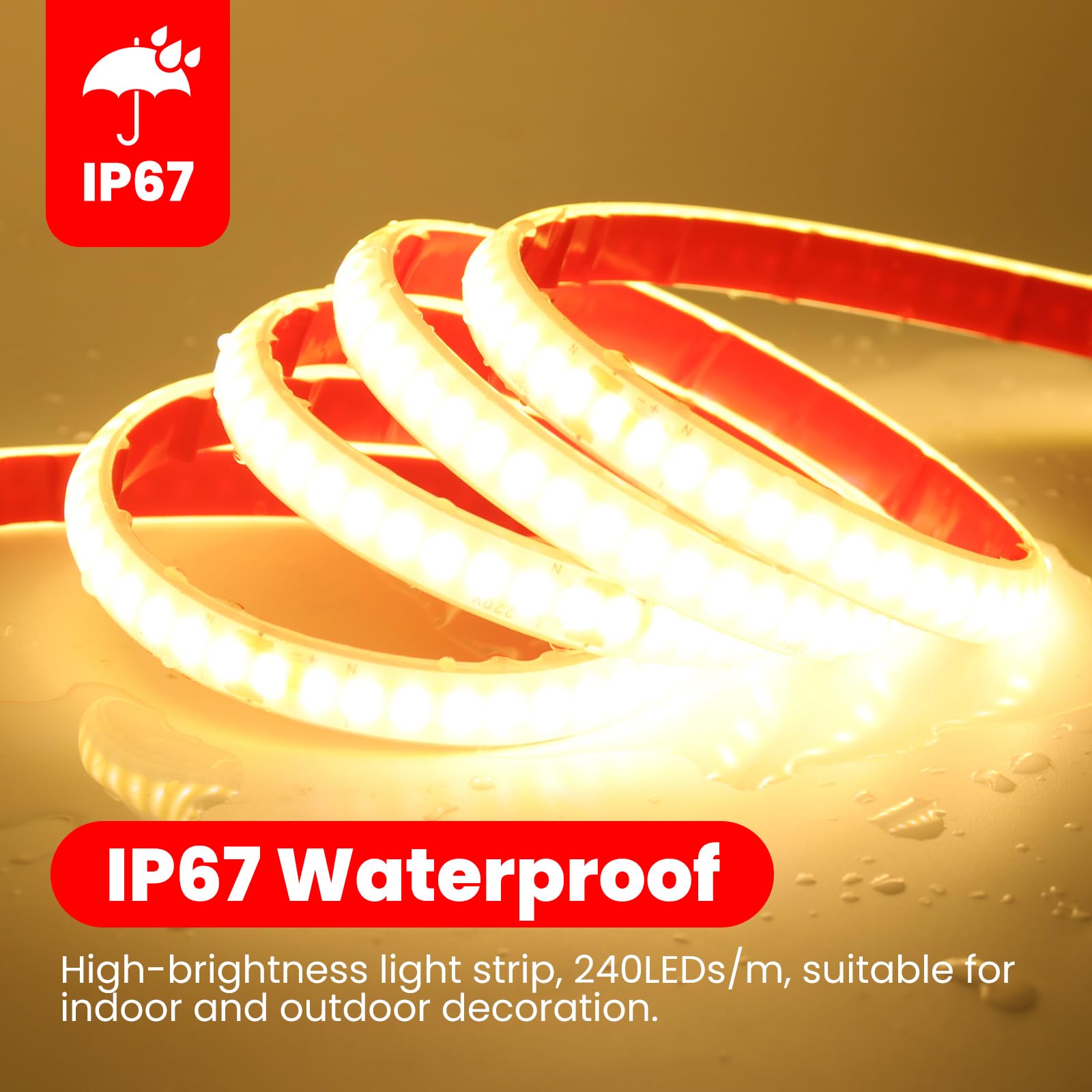 Anschluss an AC220-240V COB Stripe, IP67 Wasserdichtes COB Band Selbstklebeband mit Stecker, Schnitt alle 10cm, 240LEDs/m Flexible Superhell CRI≥85 LED Streifen für Weihnachten (Warmweiß，40m)