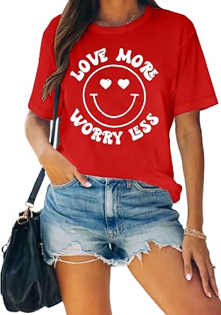 MAIHUN Valentines Day Shirt Love More Worry Less Shirts Women Happy Smile Face Tshirt Short Sleeve Casual Tee Tops