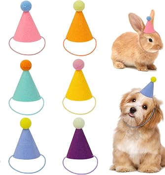 6 Pcs Mini Party Hats for Stuffed Animals, Birthday Party Cone Hats Dolls Dog Cat Rabbit Puppies Assorted Animal Birthday Decorations