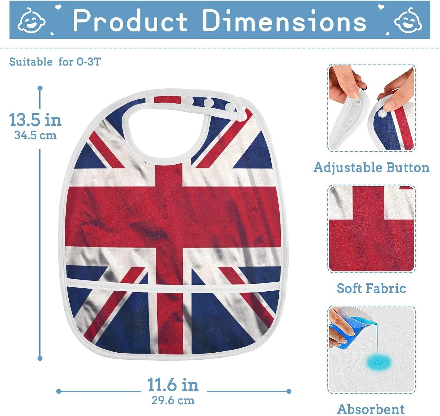 Baby Bibs for Boy and Girls 5 Pack Cotton Adjustable Newborn Bibs for Drooling & Teething, British Flag