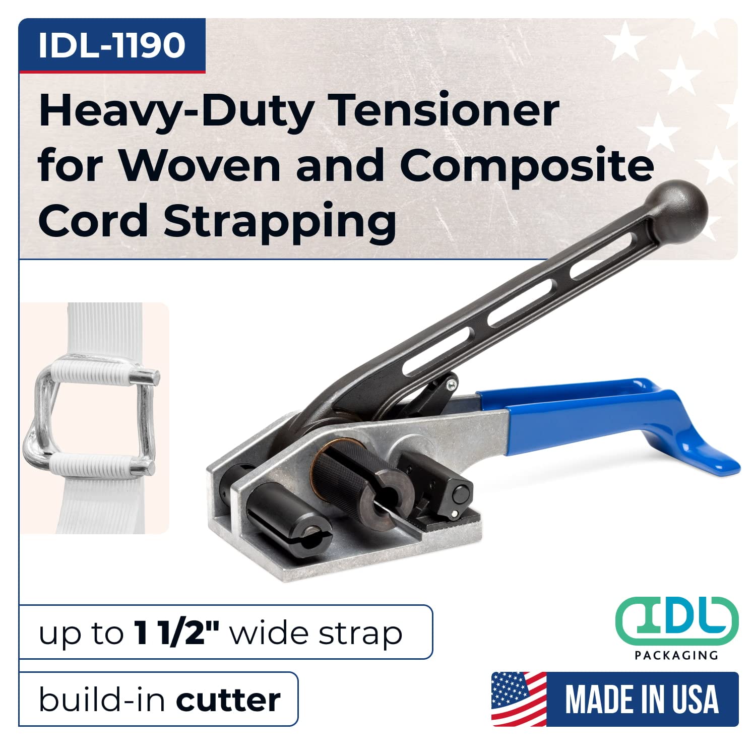 IDL Packaging IDL-1190 Silent Strapping Tensioner with Cutter for 5/8 to 1 1/2” Woven and Composite Cord Strapping, USA Made ? Heavy-Duty Banding Tool with Windlass and One-Way Bearing