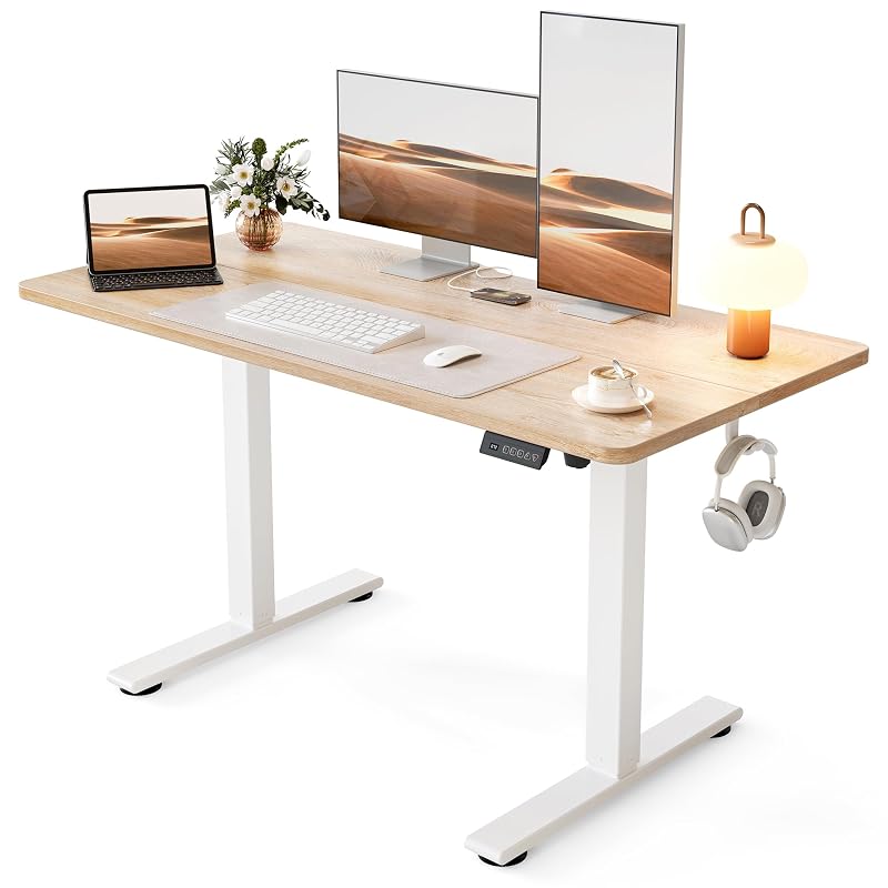 Cubiker Standing Desk, 48x24 Inches Sit Stand Home Office Desk, Electric Stand up Desk, Adjustable Desk with Splice Board, White Frame/Maple Top Maple 48x24