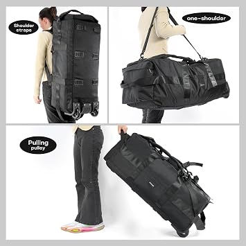80L Rolling Travel Duffle Bag with Wheels, Black | Heavy-Duty, Foldable, Shoulder Straps, Multi-Way Carry as Luggage & Backpack, Travel, Camping, Gym, Airplane, For Men & Women