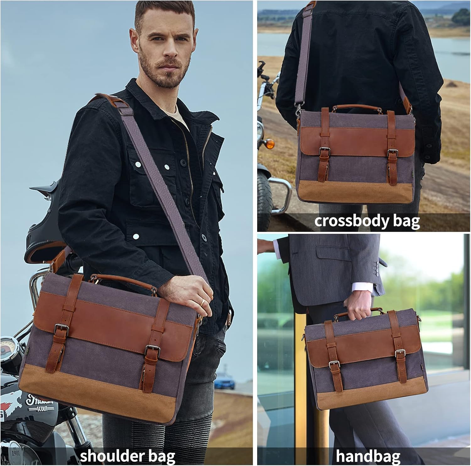 TSD Brand Waxed Waterproof Canvas Briefcase Laptop Messenger Bag Satchel Shoulder Bag Vintage Genuine Leather Briefcase