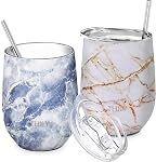 THILY Stainless Steel Insulated Wine Tumbler - Stemless Wine Glass with Sliding Lid and Straw, Cute Travel Cup Keep Coffee and Cocktails Cold, 2 Pack(Iridaceae+Orchid)