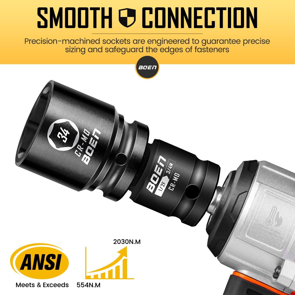 boen 3/4" Drive Metric Socket Set, 17mm - 41mm Large Impact Sockets, 6-Point CR-MO Steel, Rugged Construction,16PCS with a Storage Case, for Large Vehicle and Machinery Maintenance