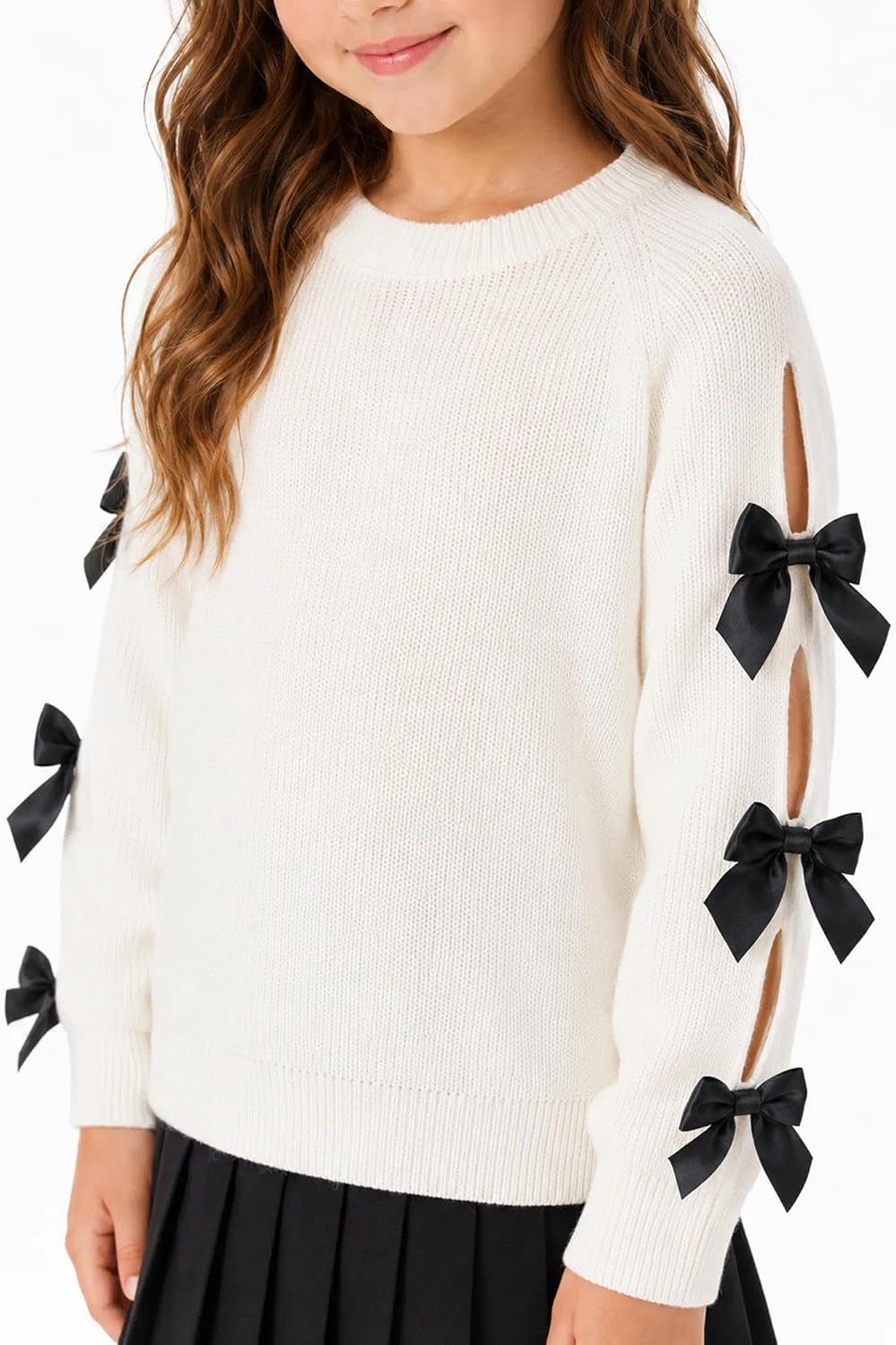 Girls Bow Knit Sweater Cut Out Shoulder Long Sleeve Pullover Fall Clothes