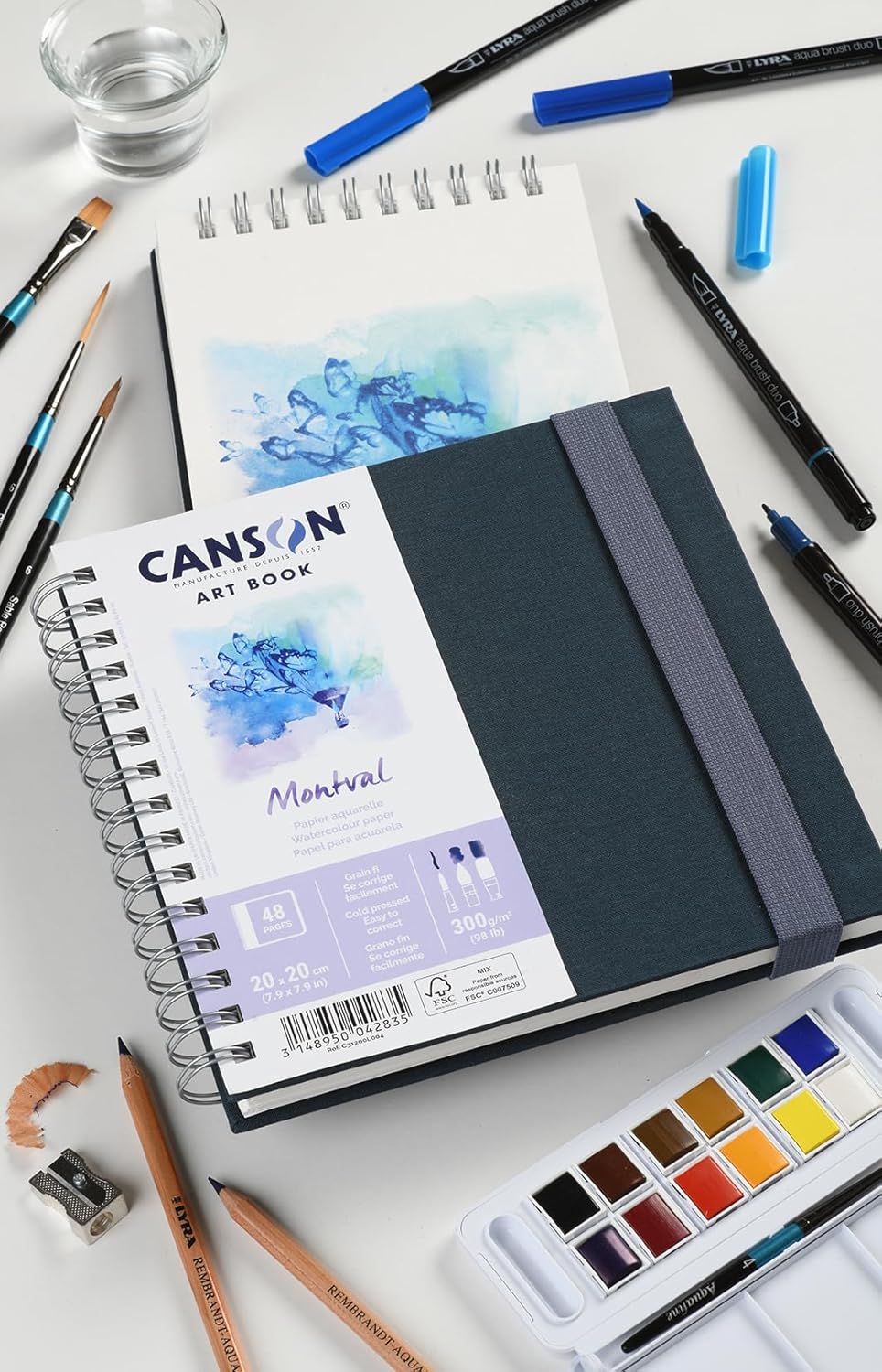 Canson Montval Watercolor Art Book, 7.8x7.8 inches, 48 Sheets, Blue Cloth Hardcover, Side Wire - Professional Artist Notebook for Painting, Sketching, Drawing