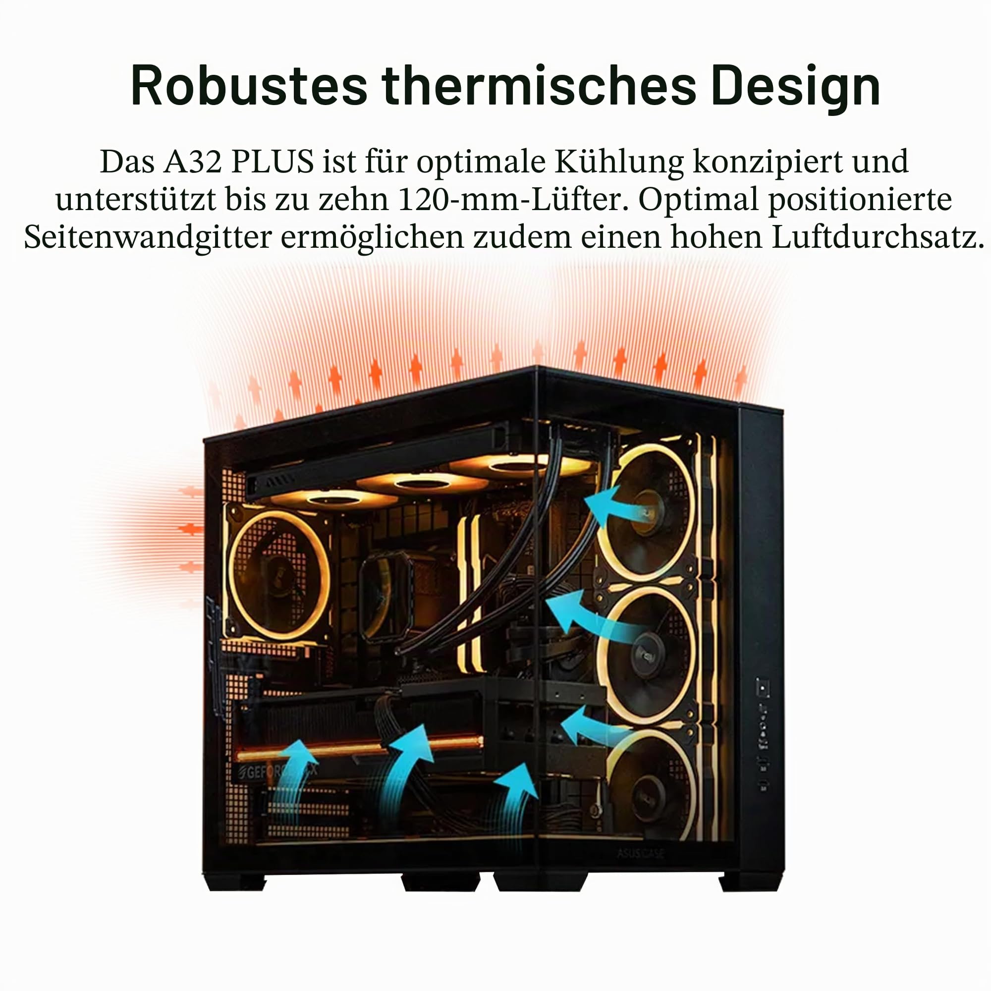 ASUS A32 Plus Black ATX-PC Gehäuse | Schwarz | vorinstallierte ARGB-Lüfter, Panorama-Design, Glas Frontpanel, kompatibel mit 360mm-Radiatoren & 420mm-Grafikkarten, USB C