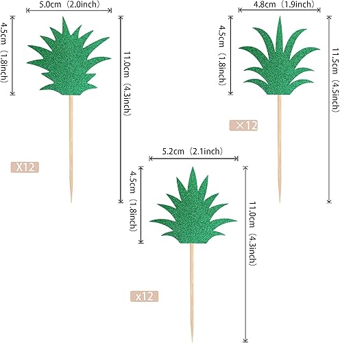 Miniatura 2 de 36 piezas de adornos para cupcakes de piña, dona con purpurina verde, hojas de piña, selecciones hawaianas para tartas Luau hawaianas, decoraciones